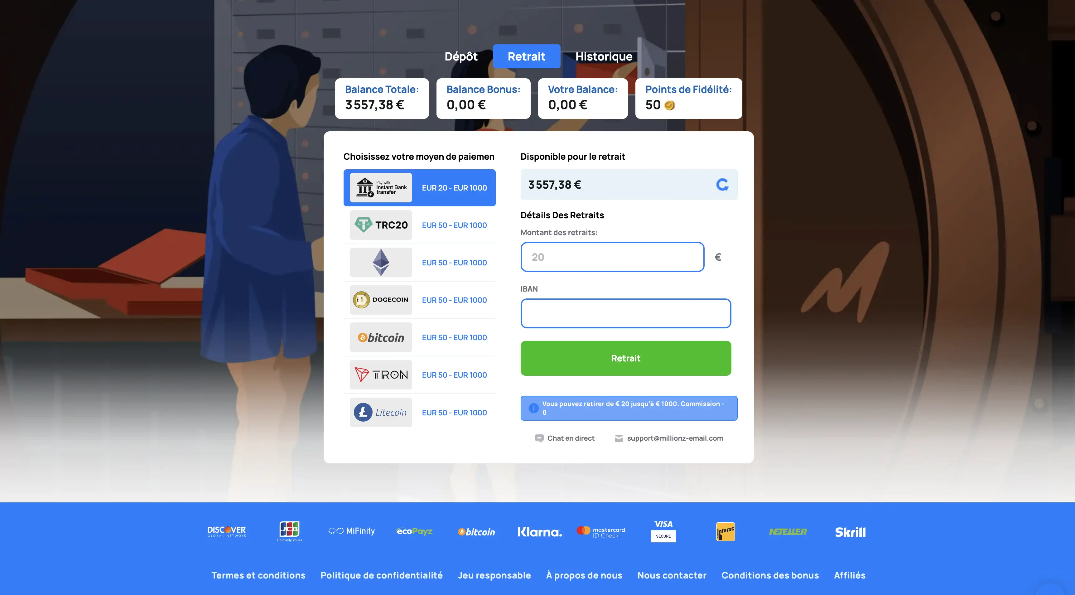 Méthodes de paiement disponibles sur Millionz